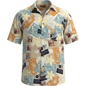 Munsingwear Button Up party Shirt‎ Men Beige Cocktail Lounge Tiki Rayon Aloha
